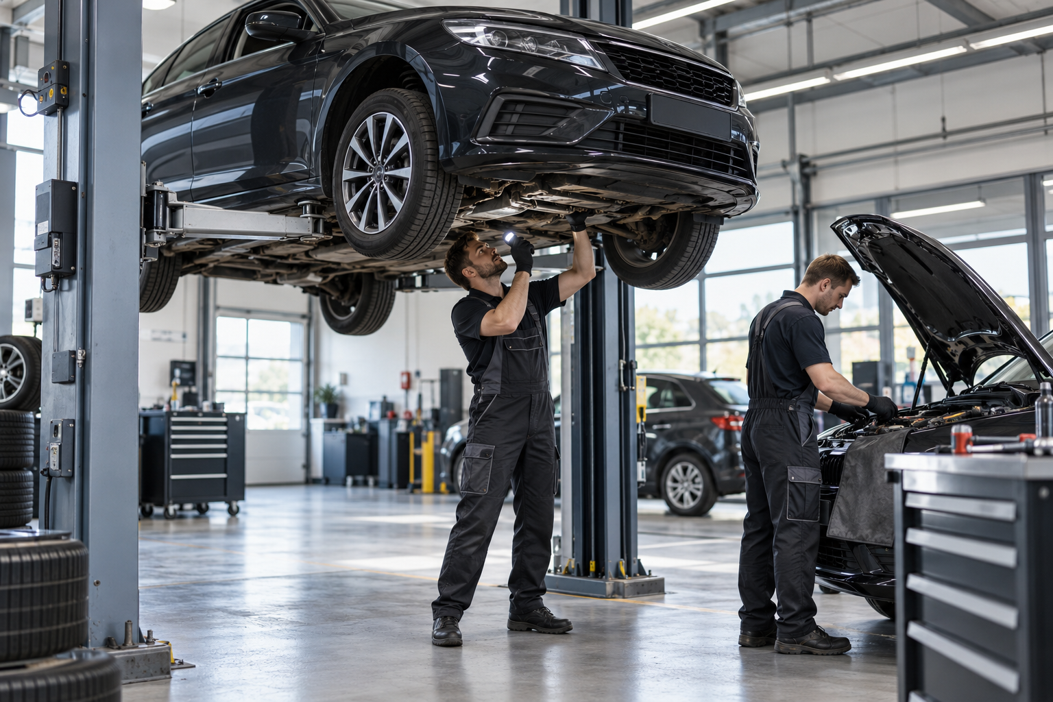 Monteurs voeren APK-inspectie en onderhoud uit in de werkplaats