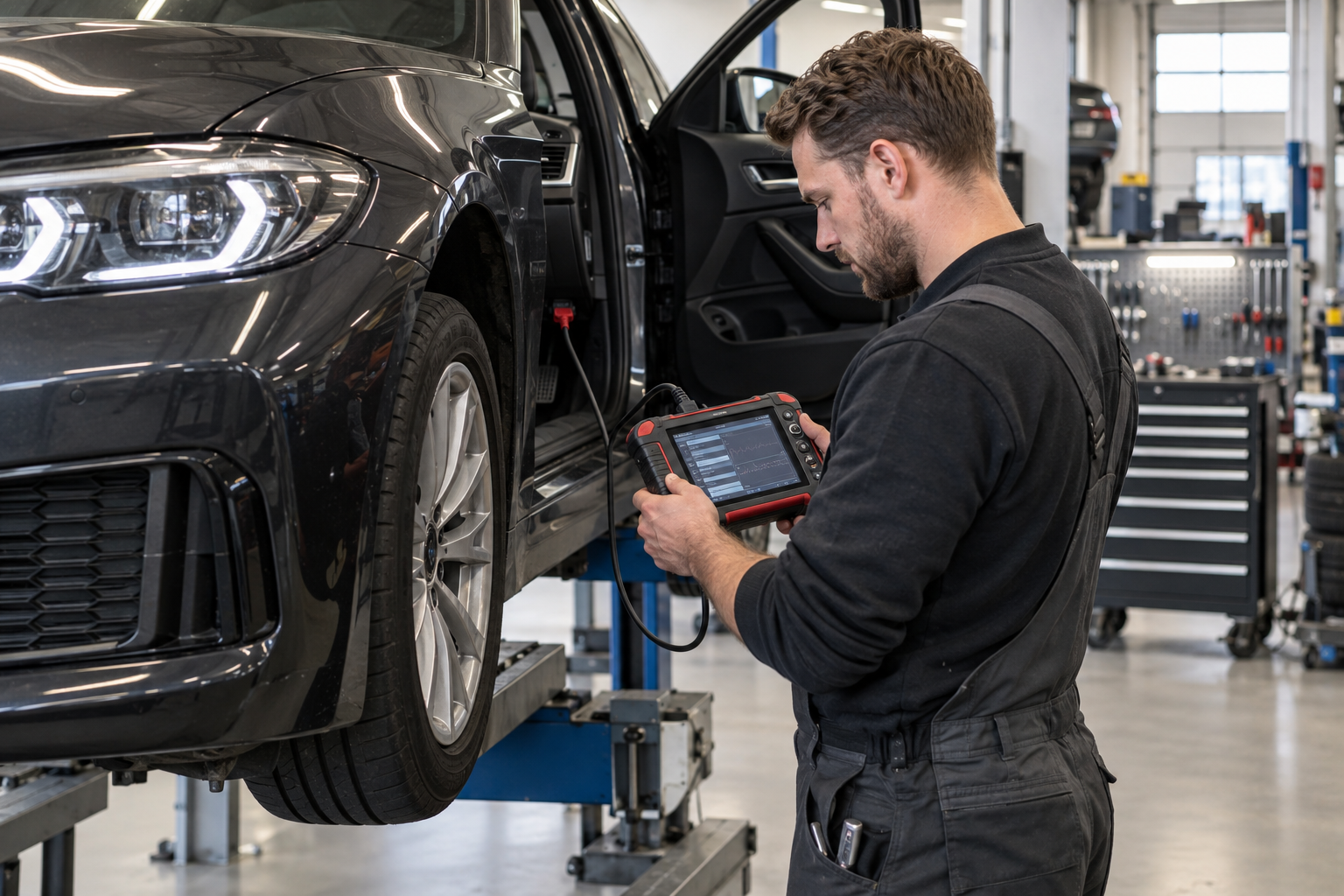 Monteur die een auto uitleest met professionele Snap-on SOLUS diagnoseapparatuur