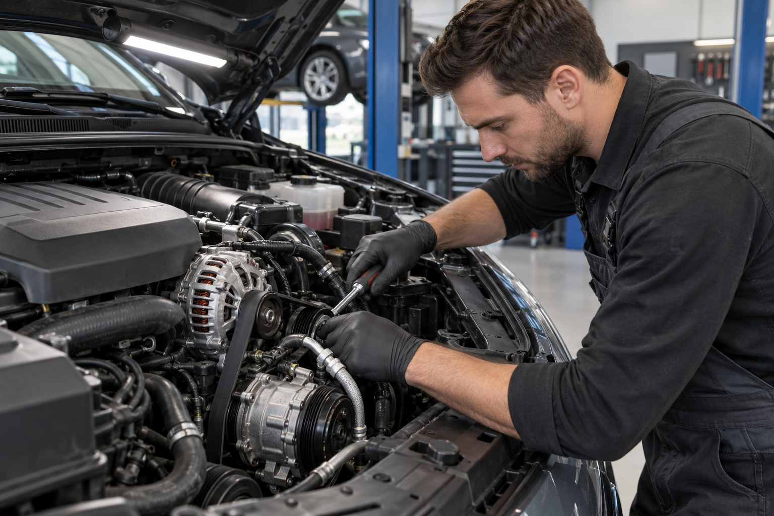 Monteur werkt aan dynamo en airco-installatie in de motorruimte